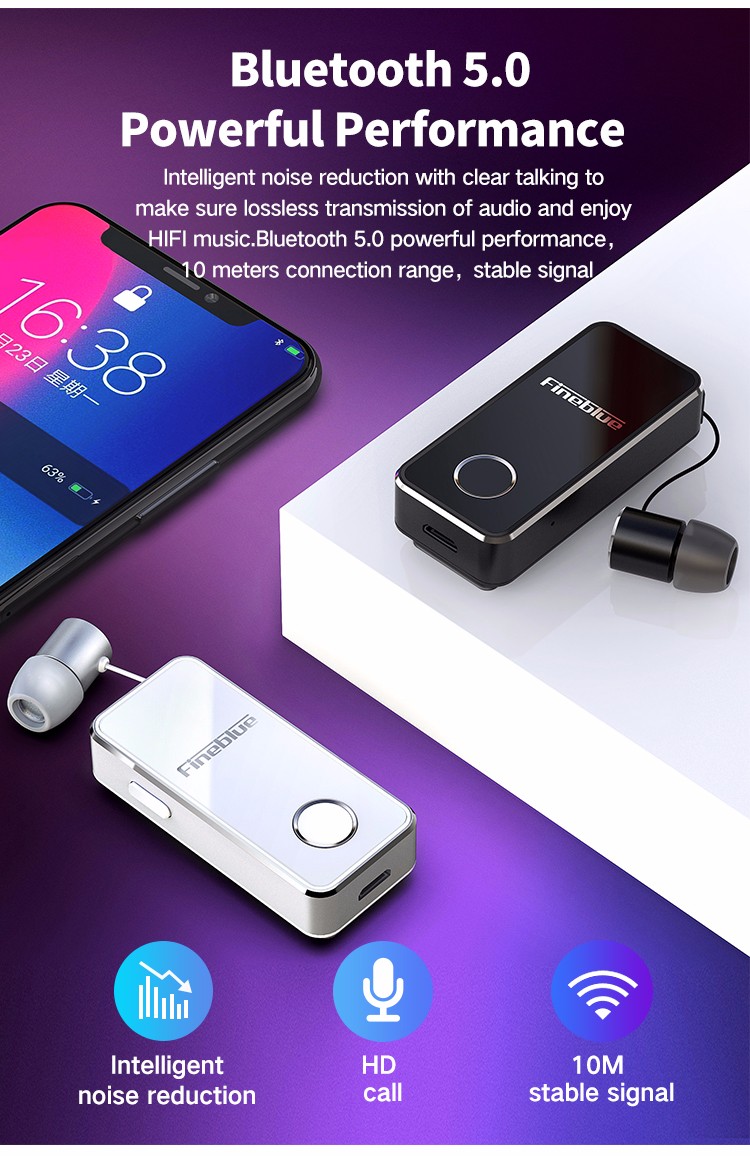 FineBlue F2 Wireless Bluetooth V5.0 Music Headset Vibrating Alert Wear Clip Earphone for Smartphone