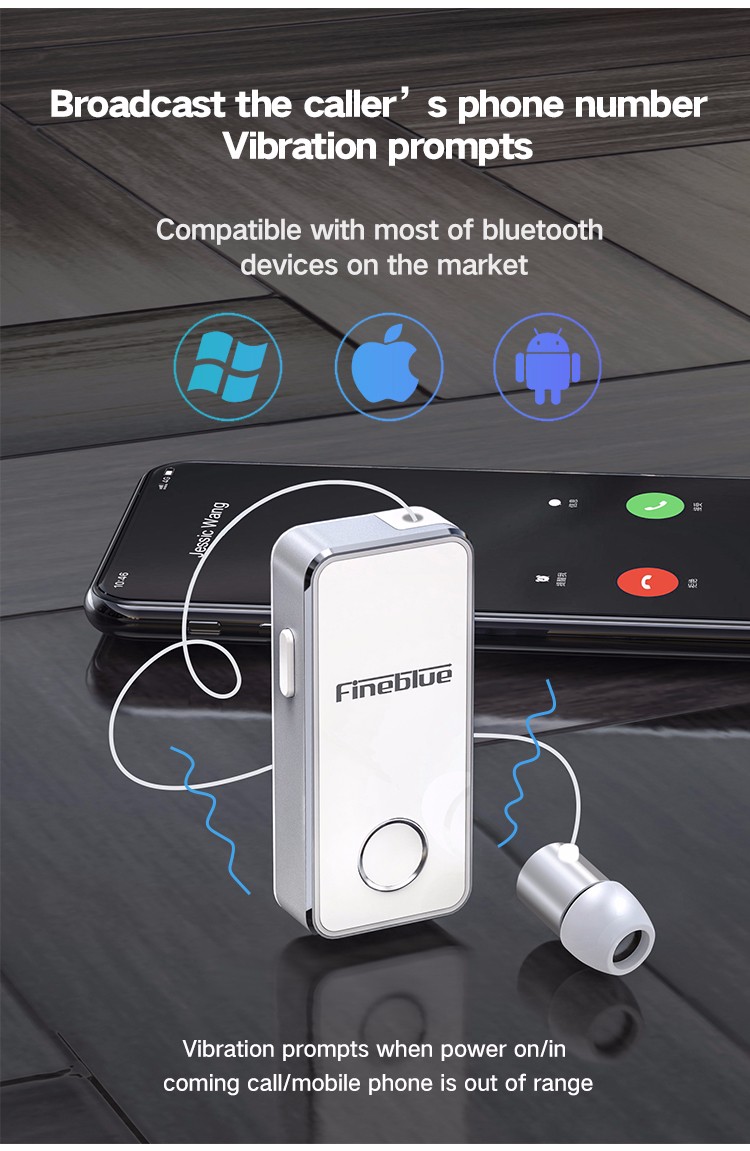 FineBlue F2 Wireless Bluetooth V5.0 Music Headset Vibrating Alert Wear Clip Earphone for Smartphone