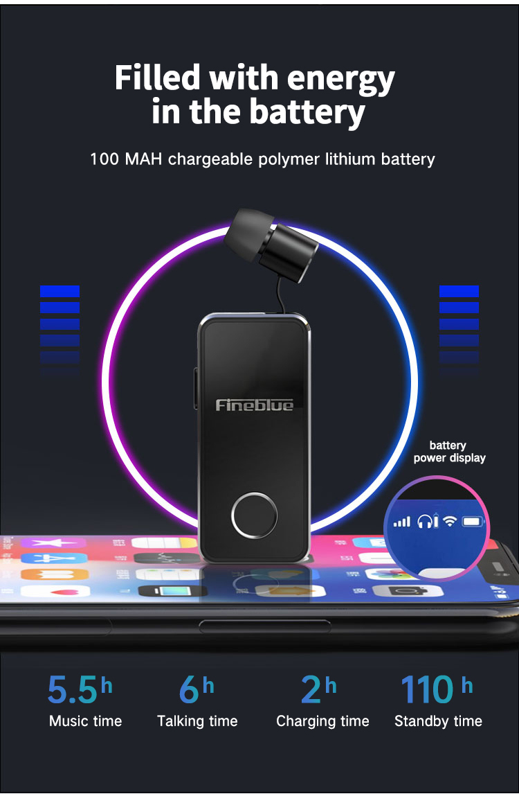 FineBlue F2 Wireless Bluetooth V5.0 Music Headset Vibrating Alert Wear Clip Earphone for Smartphone