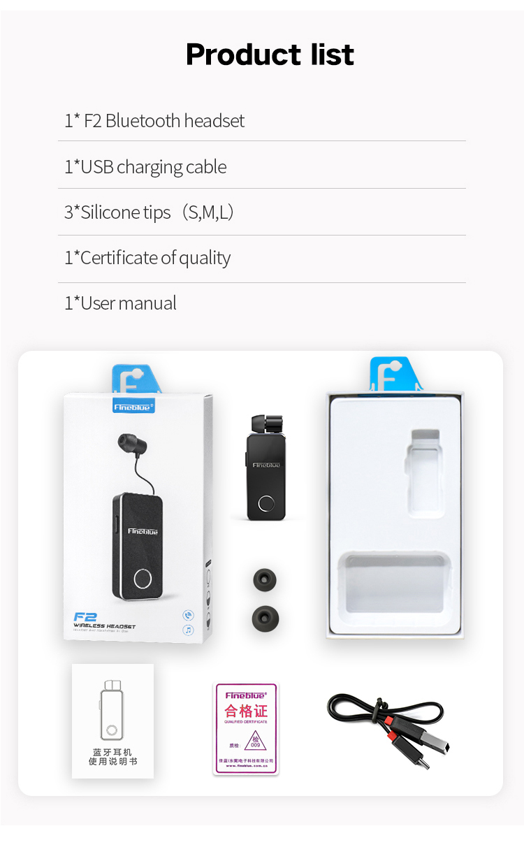 FineBlue F2 Wireless Bluetooth V5.0 Music Headset Vibrating Alert Wear Clip Earphone for Smartphone