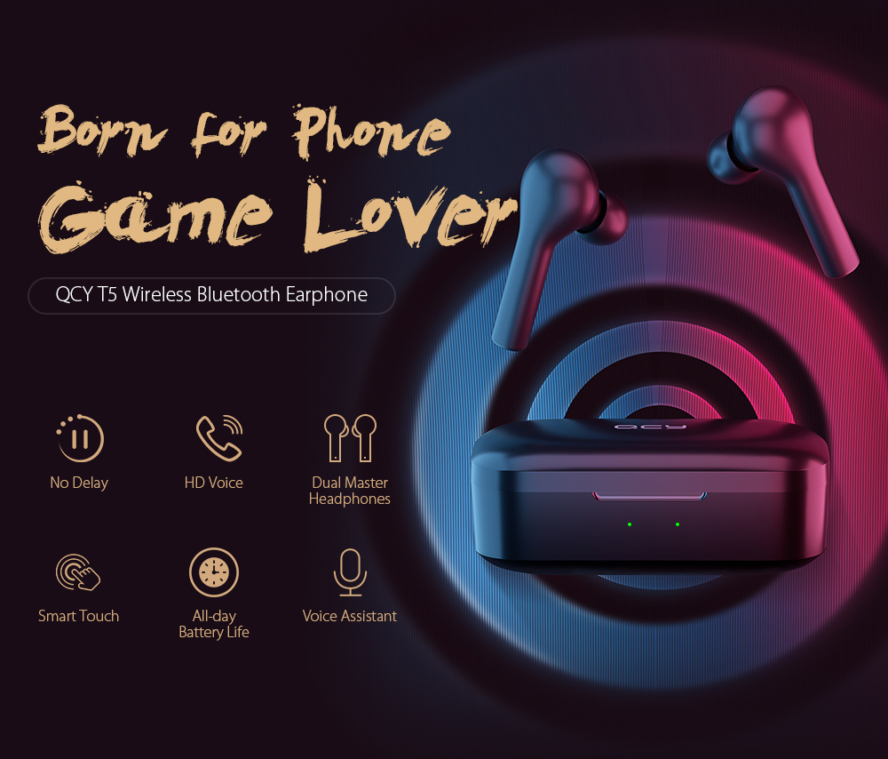 QCY T5 Bluetooth 5.0 Binaural In-ear Earphones Wireless Charging Earbuds with Mic and Charging Dock QCY T5 Bluetooth 5.0 Binaural In-ear Earphones Wireless Charging Earbuds with Mic and Charging Dock