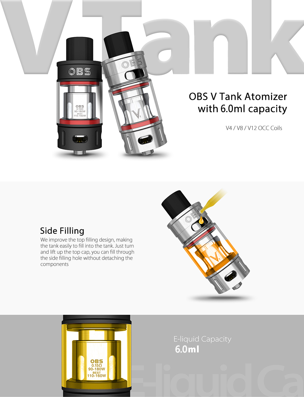 Original OBS V Tank Atomizer with 6.0ml / 0.15 ohm / Side Filling for E Cigarette