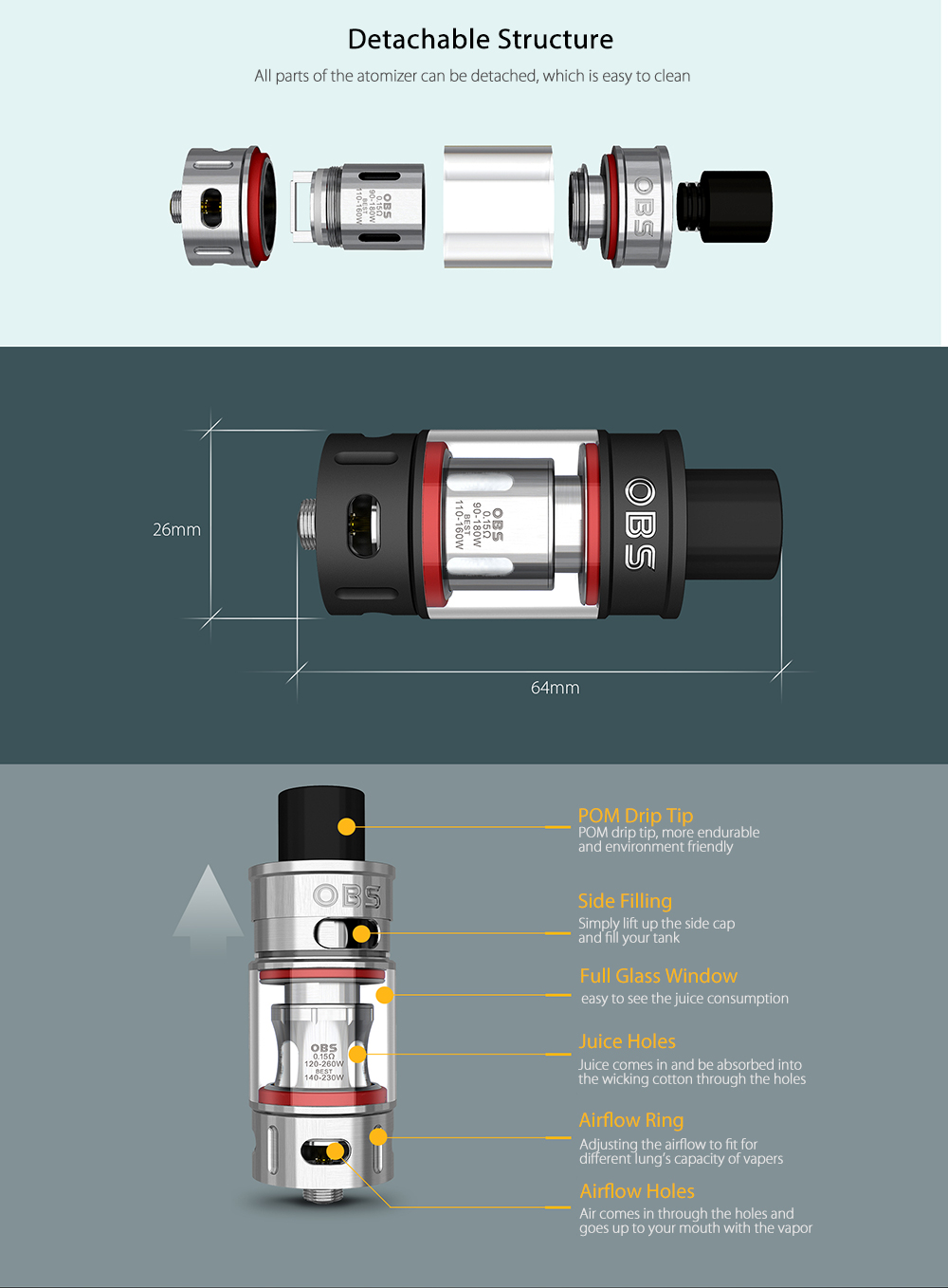 Original OBS V Tank Atomizer with 6.0ml / 0.15 ohm / Side Filling for E Cigarette