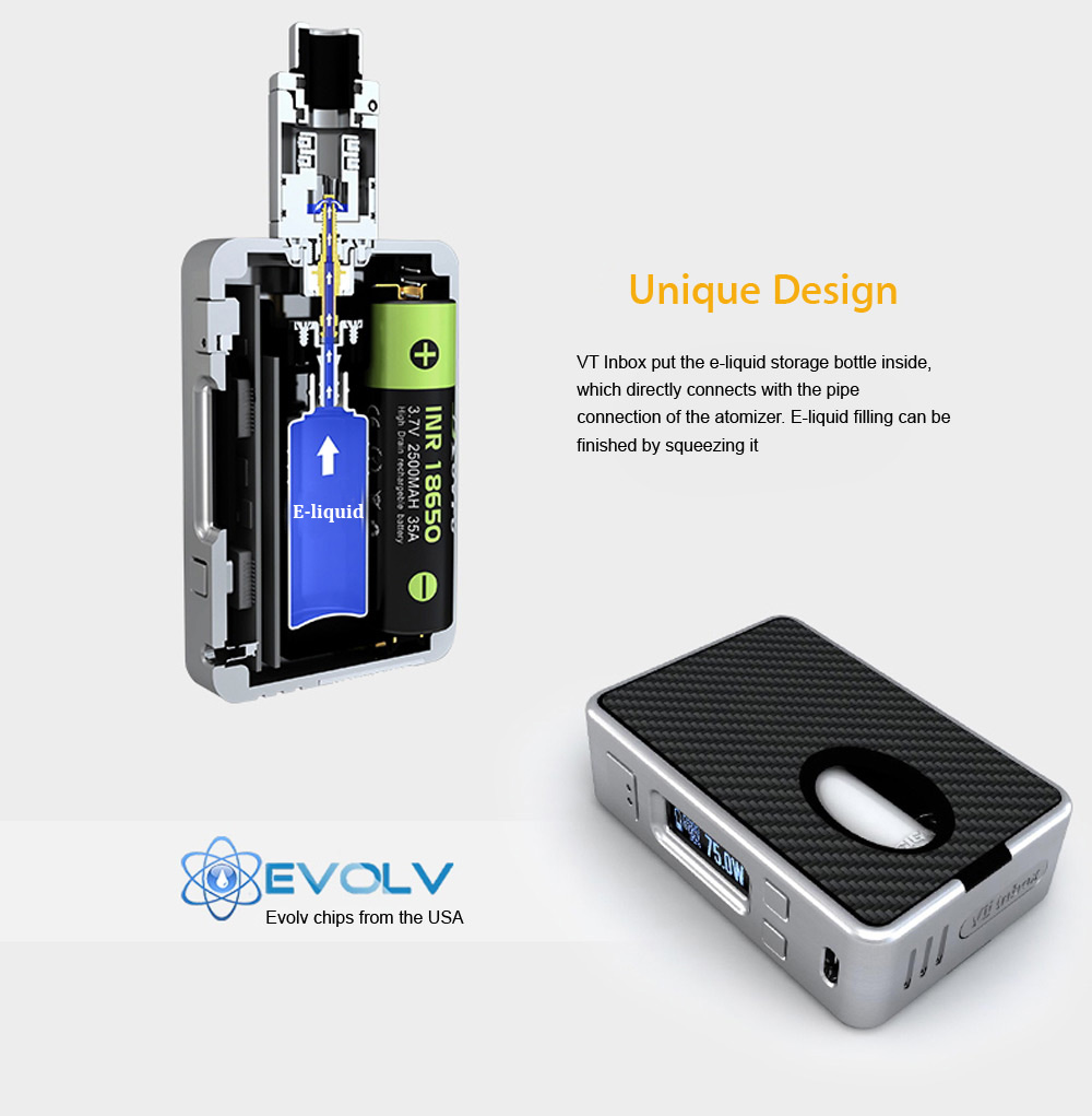 Original HCIGAR VT Inbox Mod Kit with Evolv DNA 75 Chipset / 1 - 75W / 8ml Squonk Bottle / 200 - 600F / Dual Posts Deck MAZE V2 RDA for E Cigarette