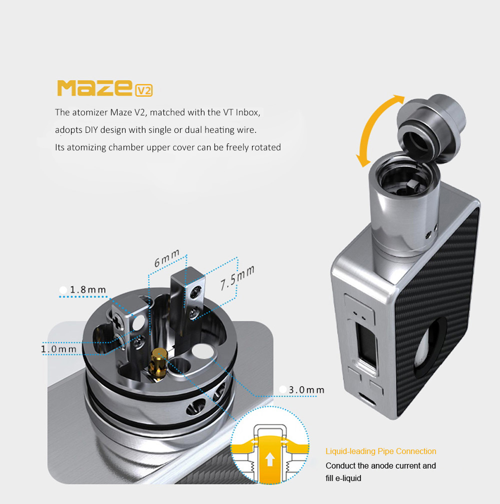 Original HCIGAR VT Inbox Mod Kit with Evolv DNA 75 Chipset / 1 - 75W / 8ml Squonk Bottle / 200 - 600F / Dual Posts Deck MAZE V2 RDA for E Cigarette