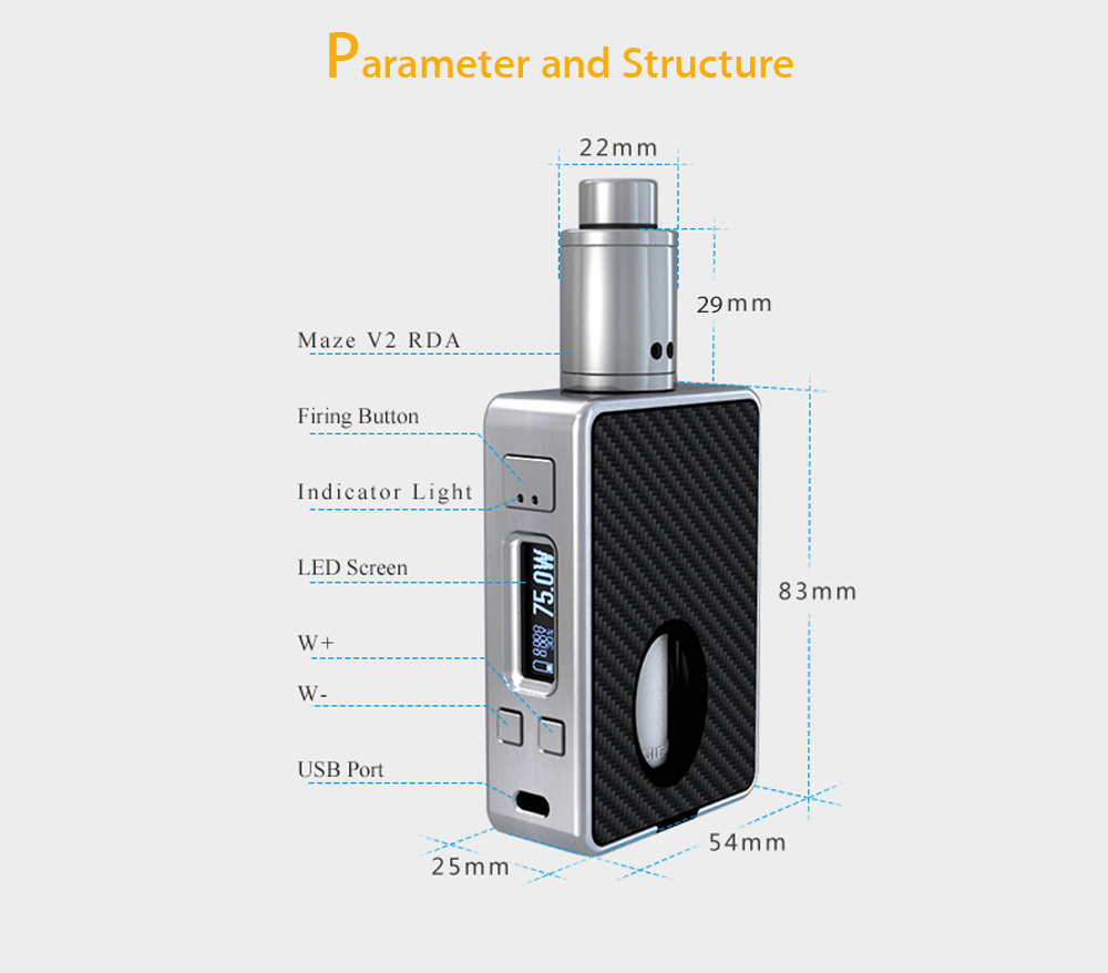 Original HCIGAR VT Inbox Mod Kit with Evolv DNA 75 Chipset / 1 - 75W / 8ml Squonk Bottle / 200 - 600F / Dual Posts Deck MAZE V2 RDA for E Cigarette