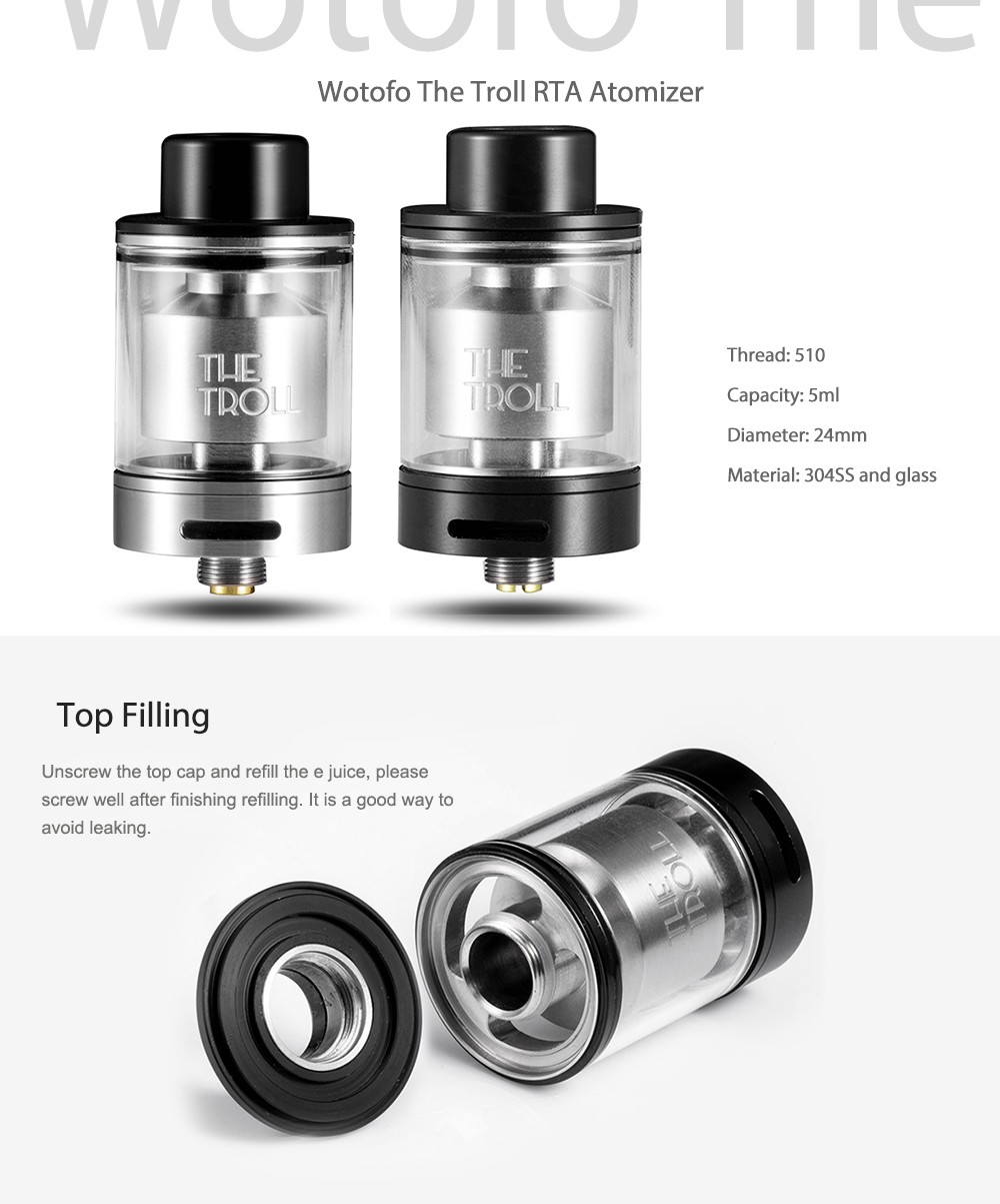 Original Wotofo The Troll RTA Atomizer with 5ml / Top Filling / Dual Coil Building for E Cigarette Original Wotofo The Troll RTA Atomizer with 5ml / Top Filling / Dual Coil Building for E Cigarette